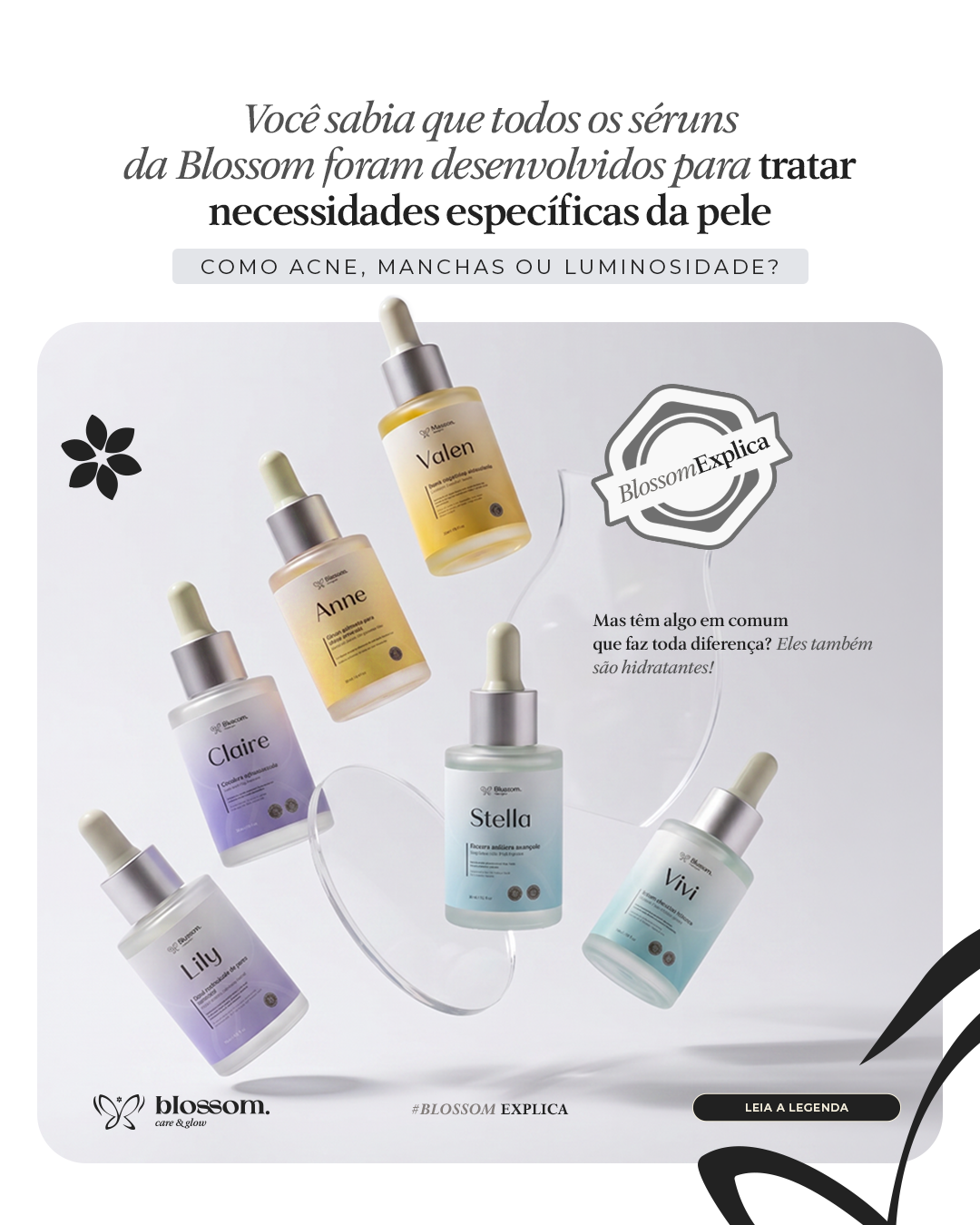 Seis frascos de sérum Blossom Care & Glow — Valen, Anne, Claire, Lily, Stella e Vivi — dispostos sobre fundo claro